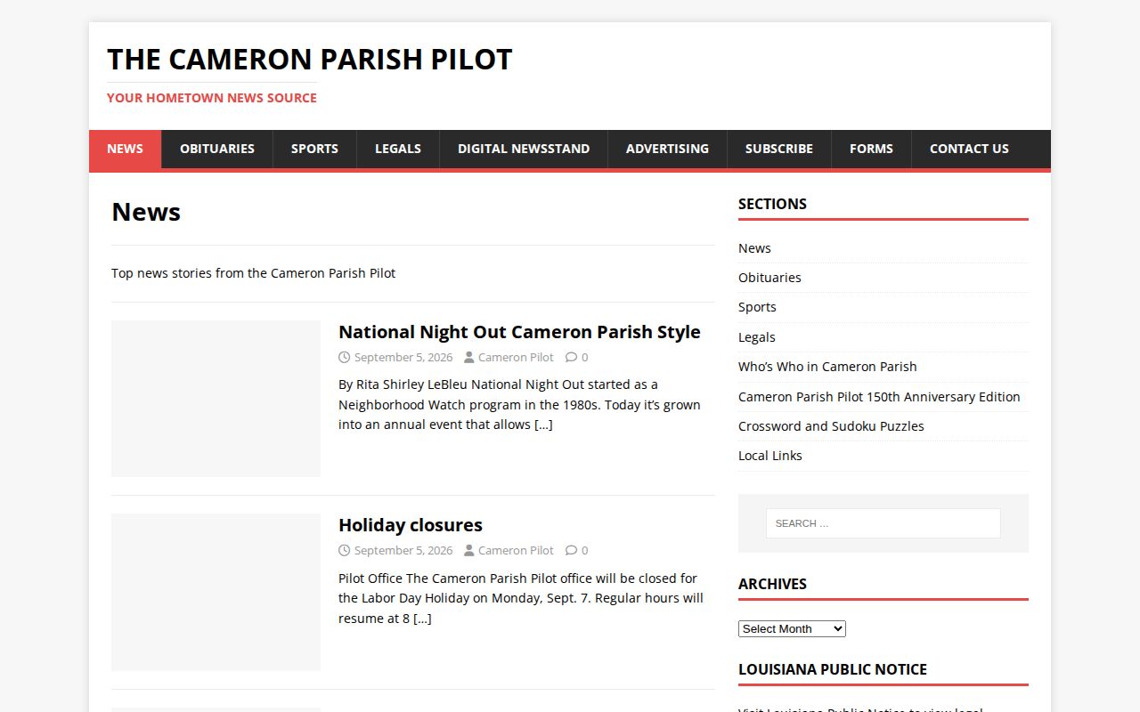 Cameron Parish Pilot local news archive used for historical arrest reporting