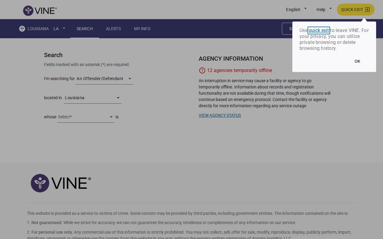 Official Louisiana VINELink person search for Cameron Parish custody