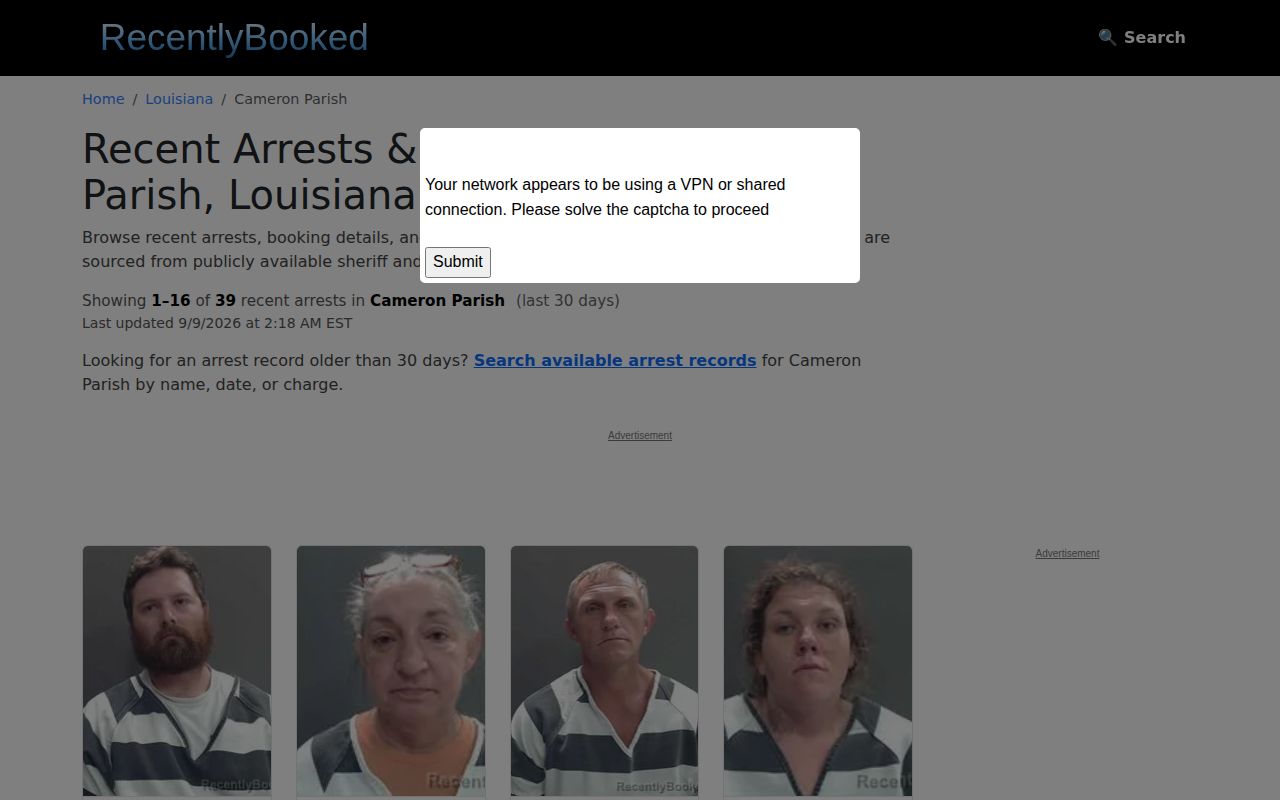 Unofficial Cameron Parish recent arrest list interface